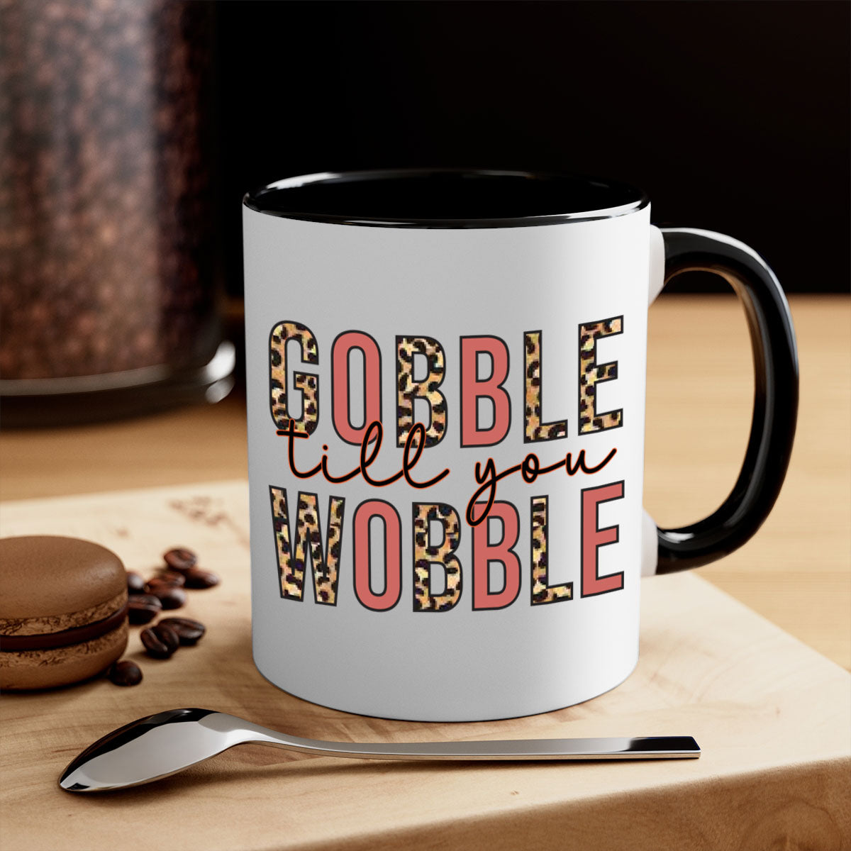 Gobble till you wobble 202# Mug featuring a two-tone design with a colored handle and glossy finish, available in multiple colors.
