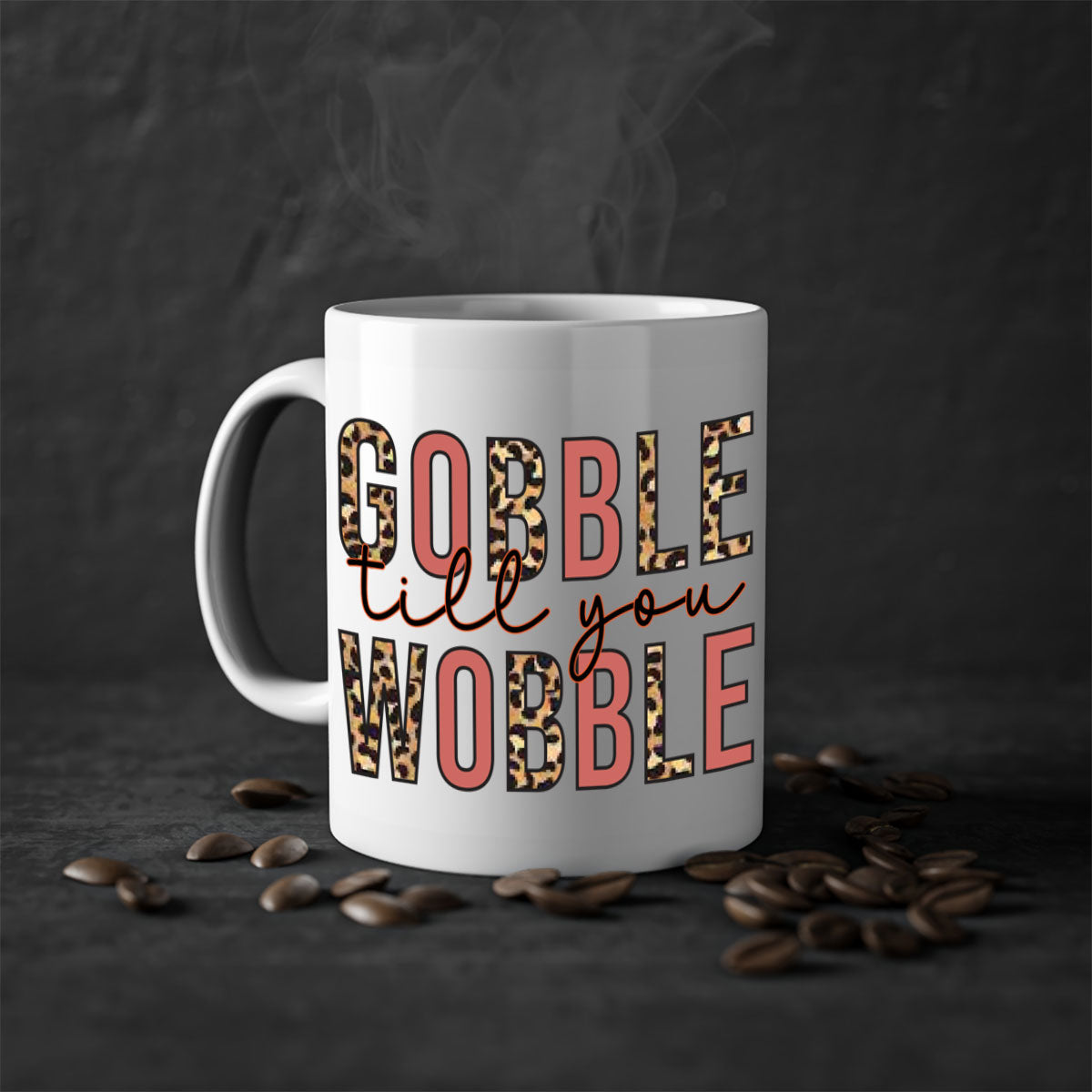 Gobble till you wobble 202# Mug featuring a two-tone design with a colored handle and glossy finish, available in multiple colors.