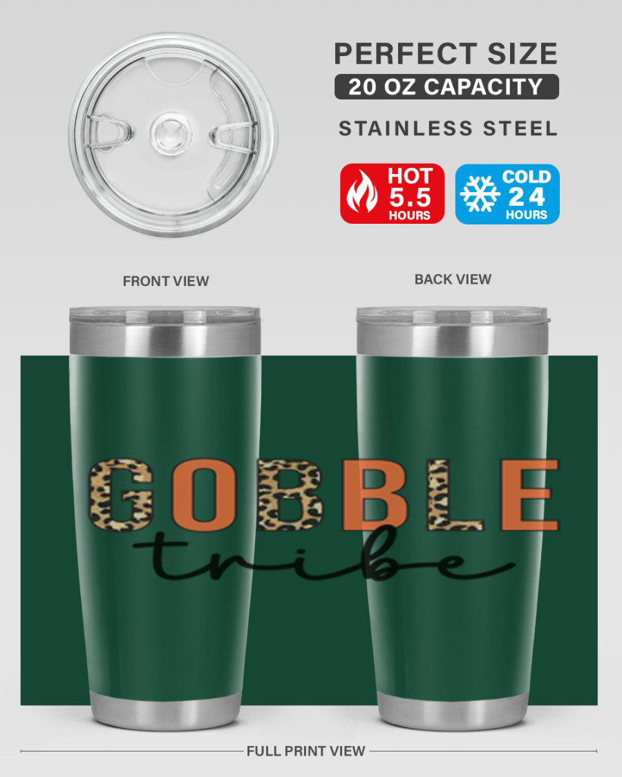 Gobble Tribe 205# Fall Tumbler, 20oz stainless steel with copper lining, featuring a drink-thru lid and vibrant fall design.