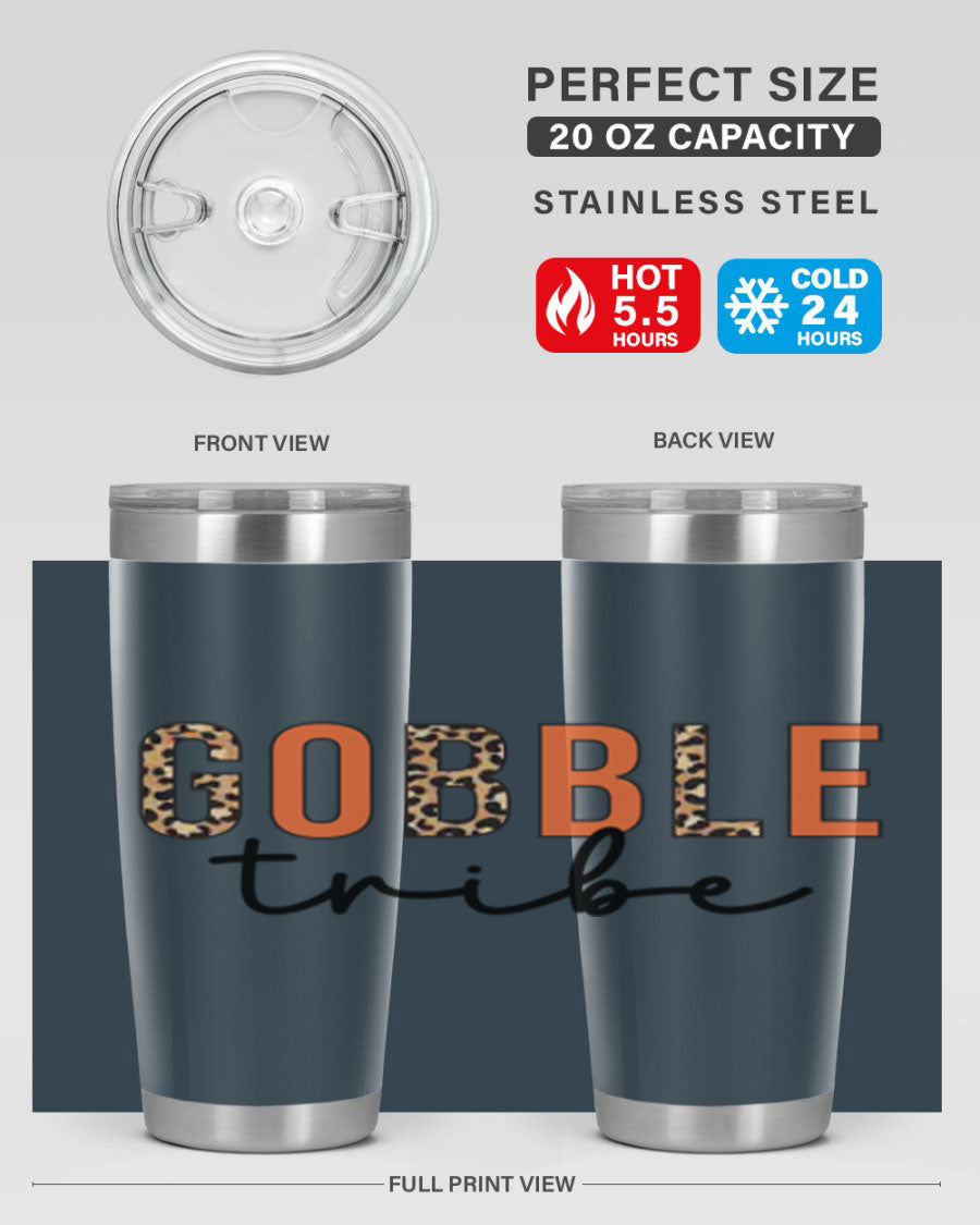Gobble Tribe 205# Fall Tumbler, 20oz stainless steel with copper lining, featuring a drink-thru lid and vibrant fall design.
