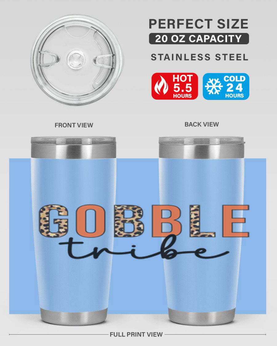 Gobble Tribe 205# Fall Tumbler, 20oz stainless steel with copper lining, featuring a drink-thru lid and vibrant fall design.
