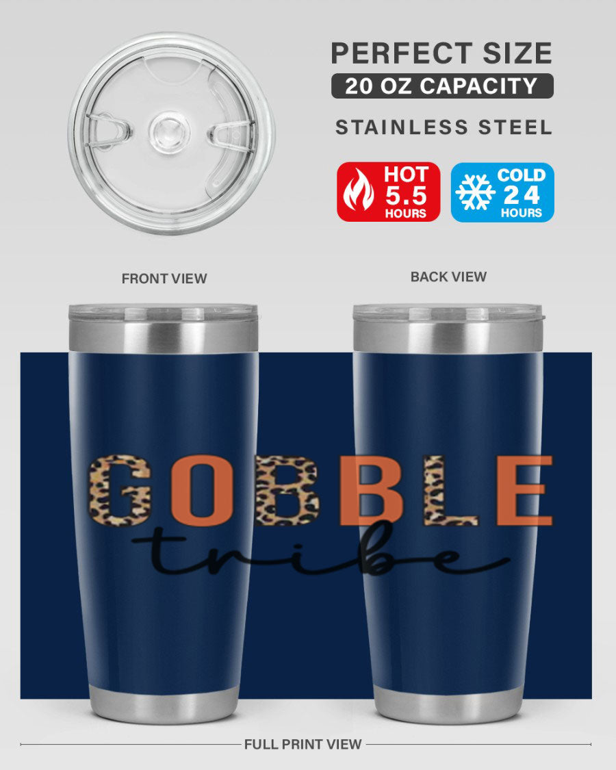 Gobble Tribe 205# Fall Tumbler, 20oz stainless steel with copper lining, featuring a drink-thru lid and vibrant fall design.