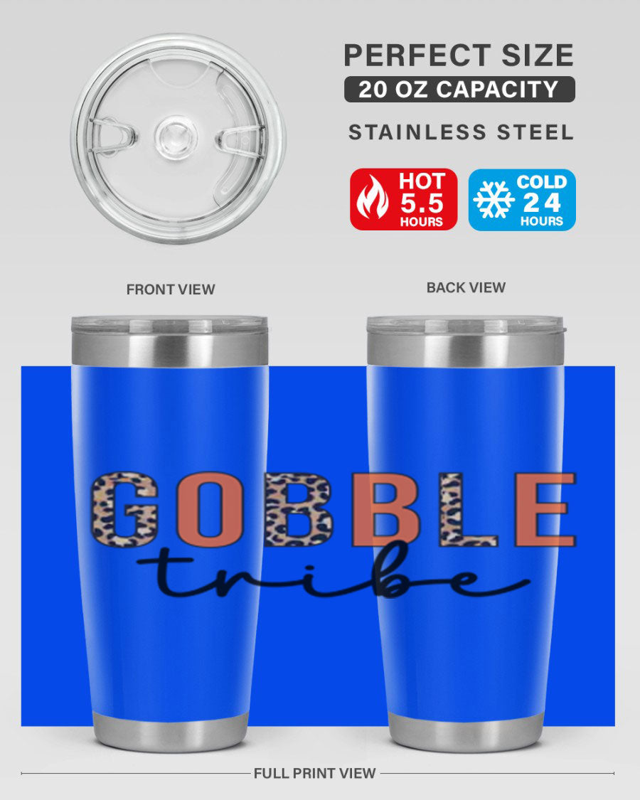 Gobble Tribe 205# Fall Tumbler, 20oz stainless steel with copper lining, featuring a drink-thru lid and vibrant fall design.