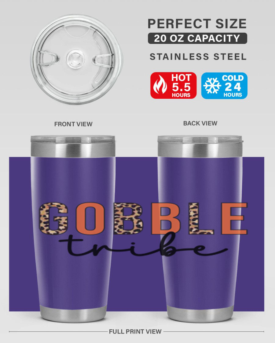 Gobble Tribe 205# Fall Tumbler, 20oz stainless steel with copper lining, featuring a drink-thru lid and vibrant fall design.