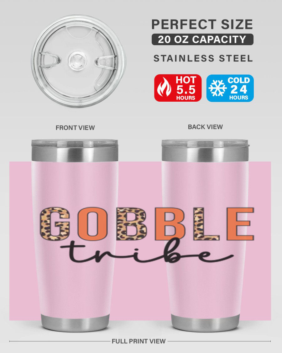 Gobble Tribe 205# Fall Tumbler, 20oz stainless steel with copper lining, featuring a drink-thru lid and vibrant fall design.