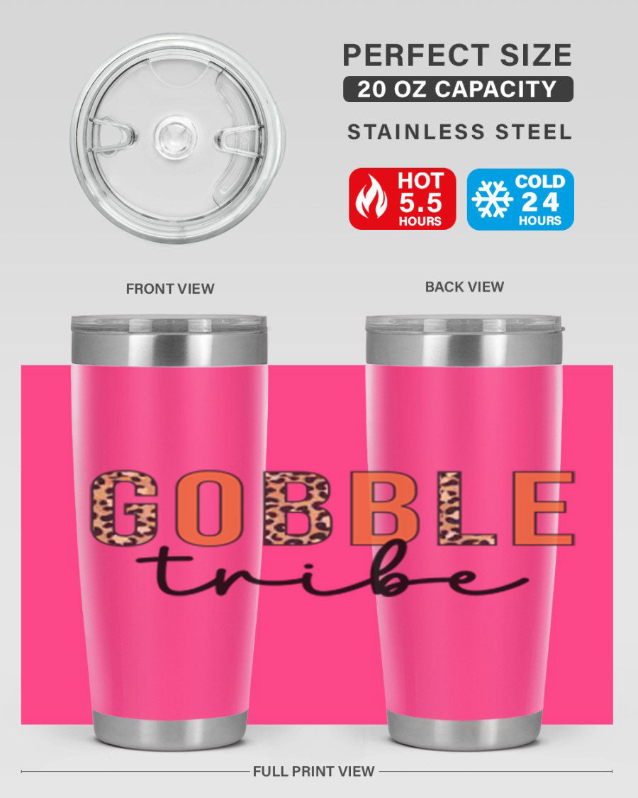 Gobble Tribe 205# Fall Tumbler, 20oz stainless steel with copper lining, featuring a drink-thru lid and vibrant fall design.
