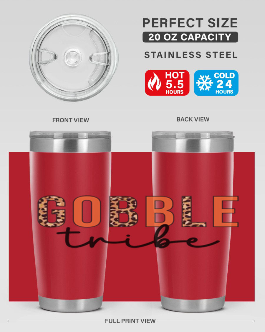 Gobble Tribe 205# Fall Tumbler, 20oz stainless steel with copper lining, featuring a drink-thru lid and vibrant fall design.