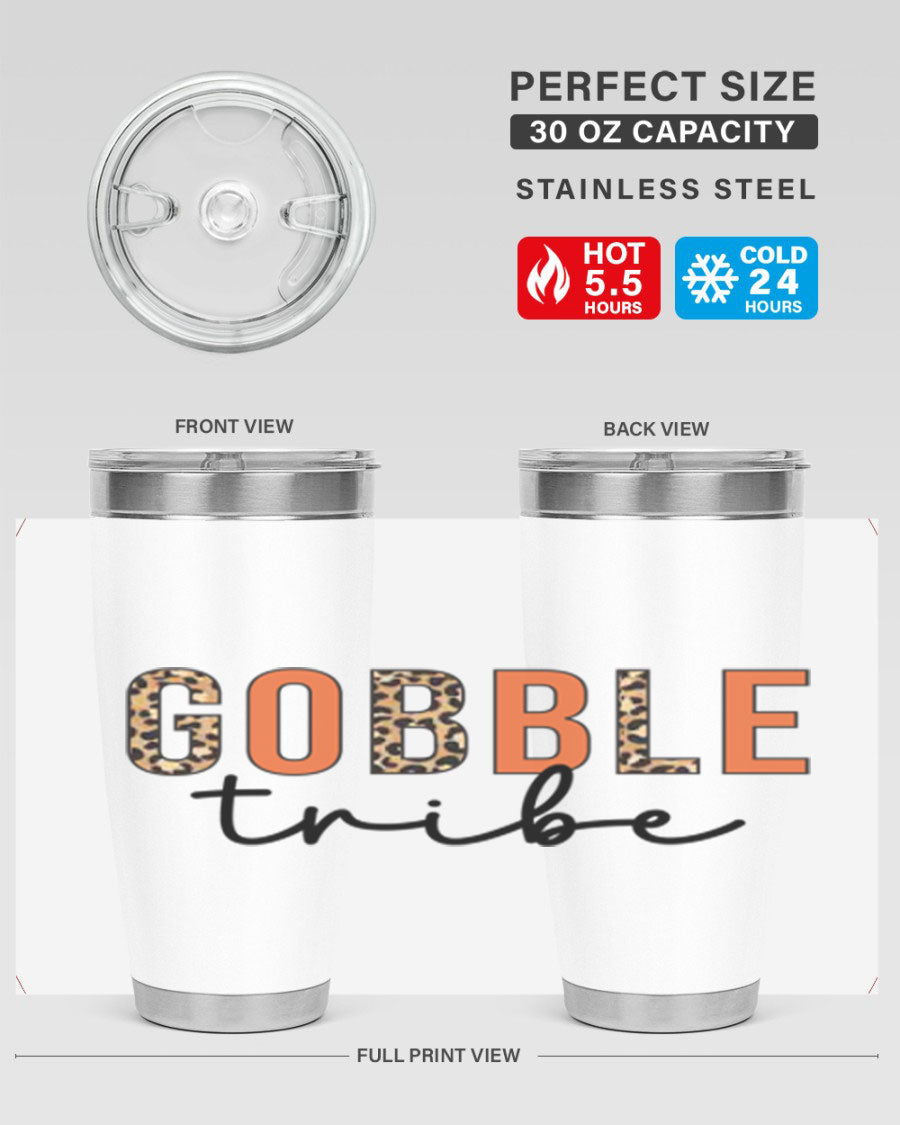 Gobble Tribe 205# Fall Tumbler, 20oz stainless steel with copper lining, featuring a drink-thru lid and vibrant fall design.