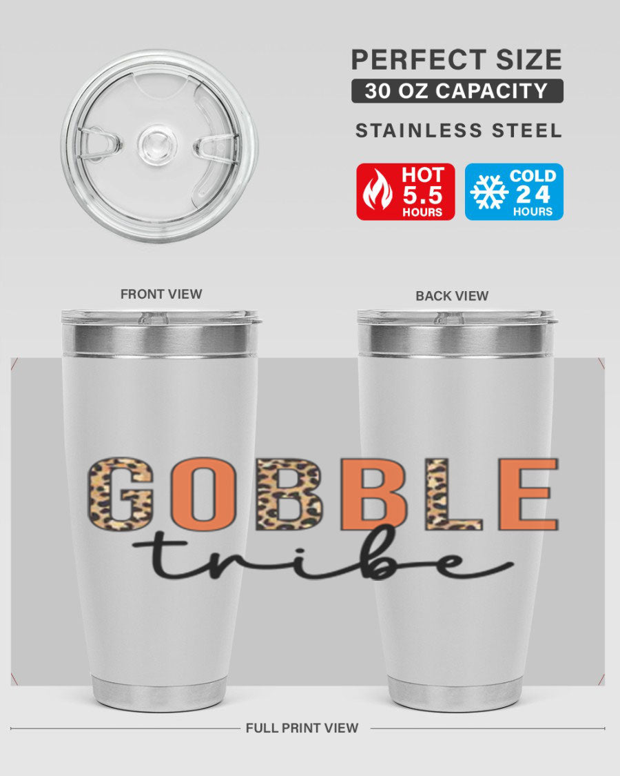 Gobble Tribe 205# Fall Tumbler, 20oz stainless steel with copper lining, featuring a drink-thru lid and vibrant fall design.