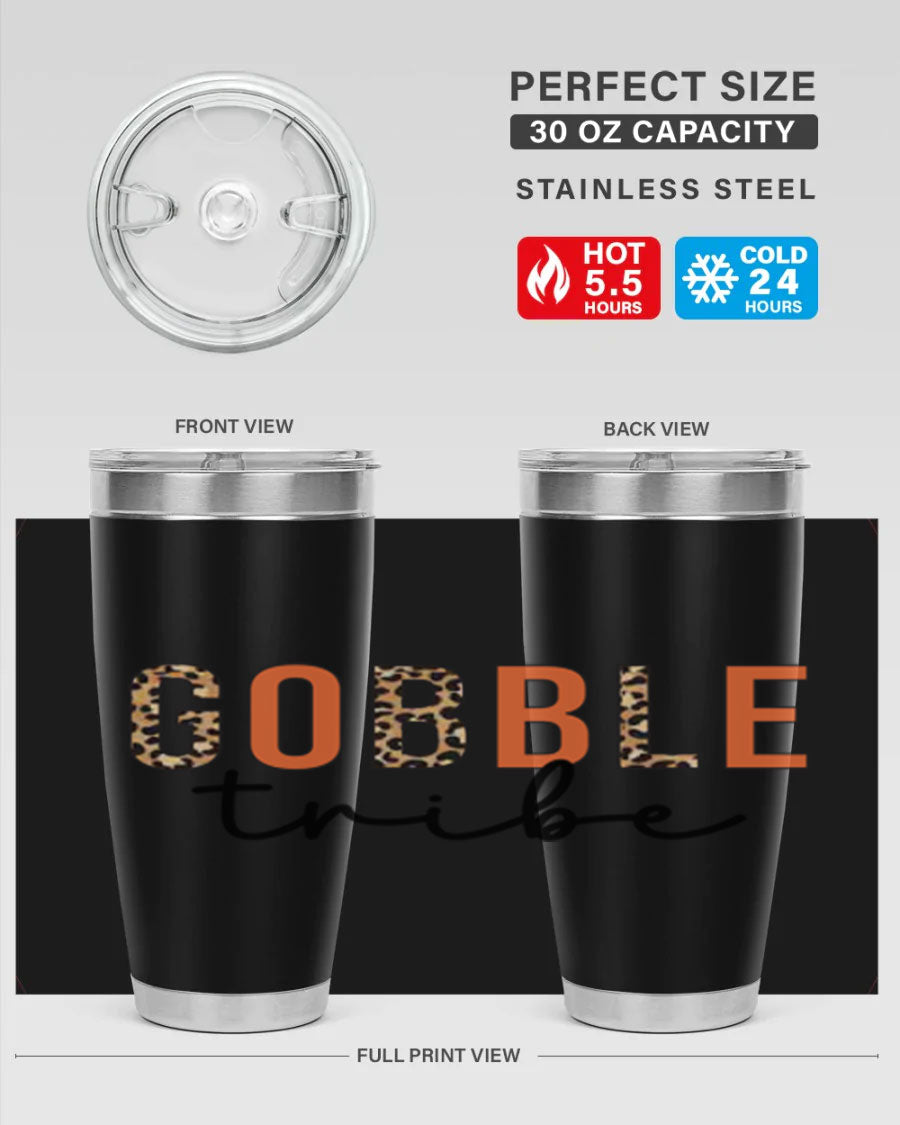 Gobble Tribe 205# Fall Tumbler, 20oz stainless steel with copper lining, featuring a drink-thru lid and vibrant fall design.