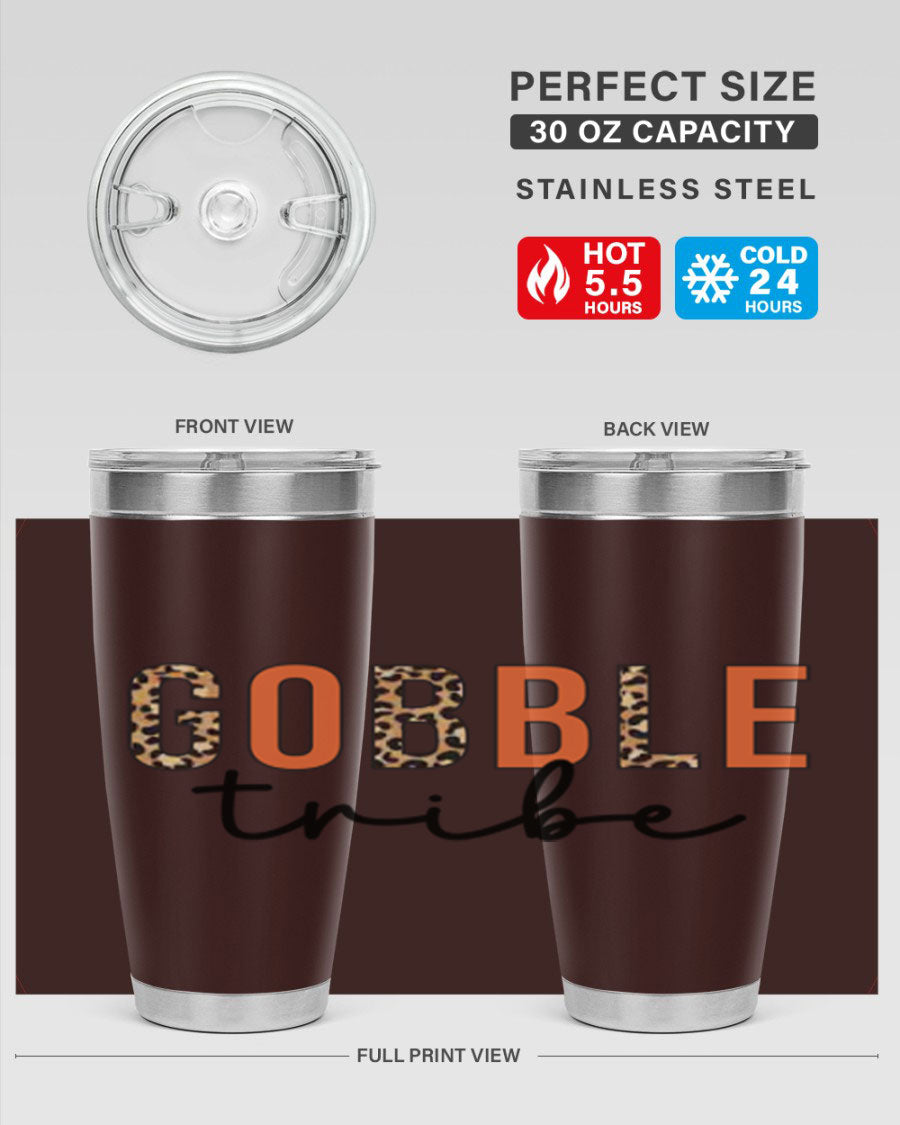 Gobble Tribe 205# Fall Tumbler, 20oz stainless steel with copper lining, featuring a drink-thru lid and vibrant fall design.