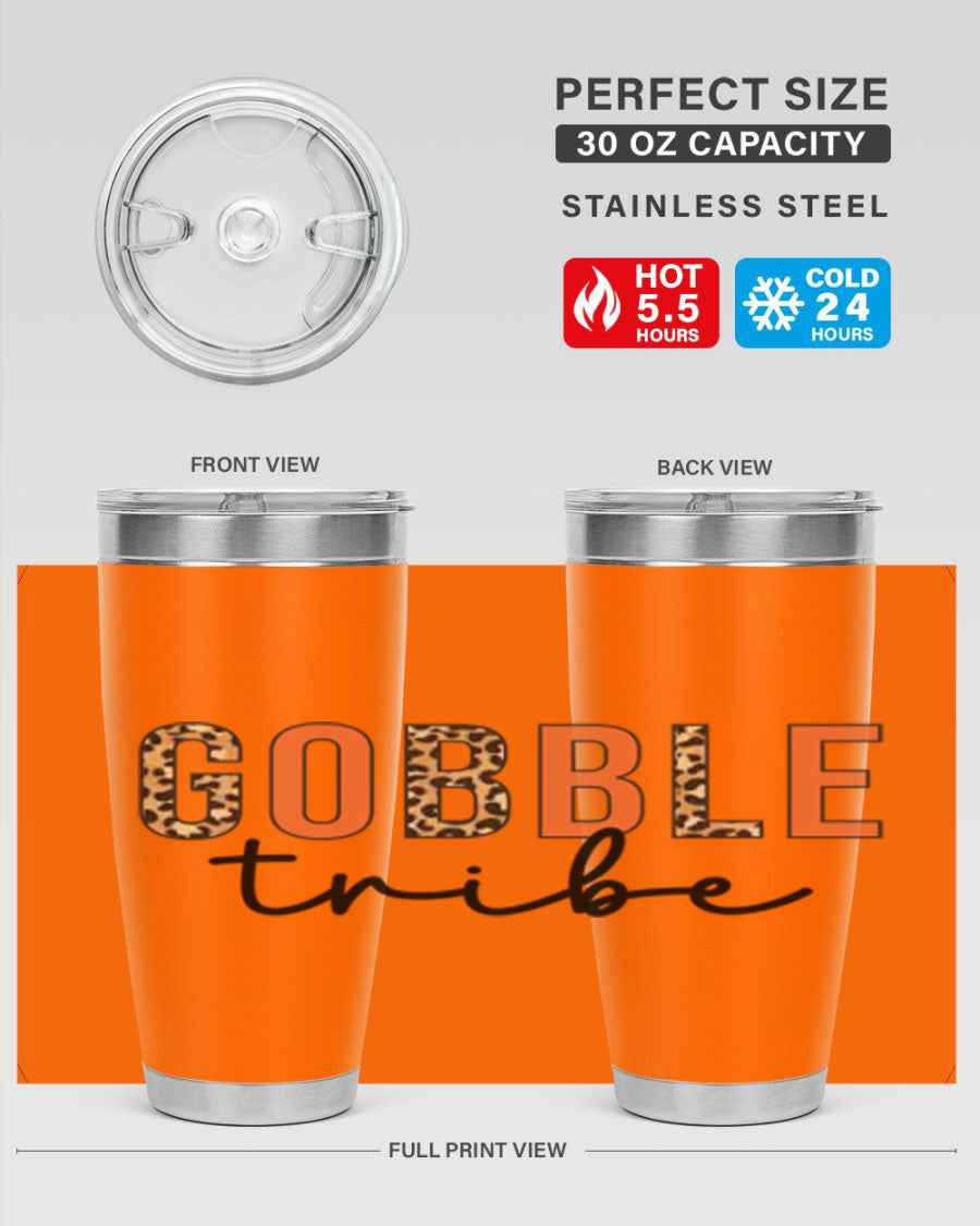 Gobble Tribe 205# Fall Tumbler, 20oz stainless steel with copper lining, featuring a drink-thru lid and vibrant fall design.