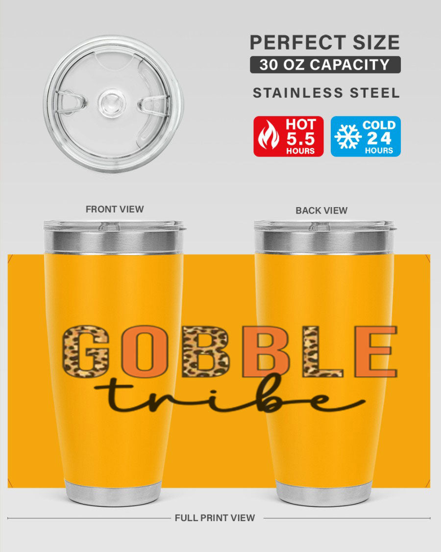 Gobble Tribe 205# Fall Tumbler, 20oz stainless steel with copper lining, featuring a drink-thru lid and vibrant fall design.