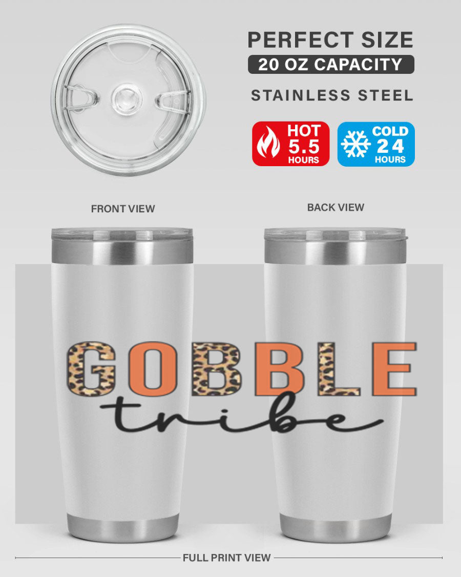 Gobble Tribe 205# Fall Tumbler, 20oz stainless steel with copper lining, featuring a drink-thru lid and vibrant fall design.