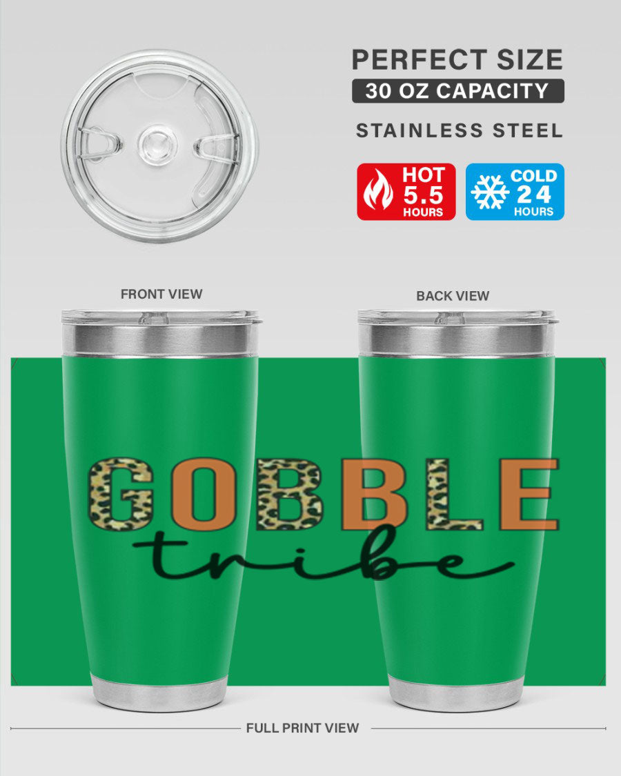 Gobble Tribe 205# Fall Tumbler, 20oz stainless steel with copper lining, featuring a drink-thru lid and vibrant fall design.