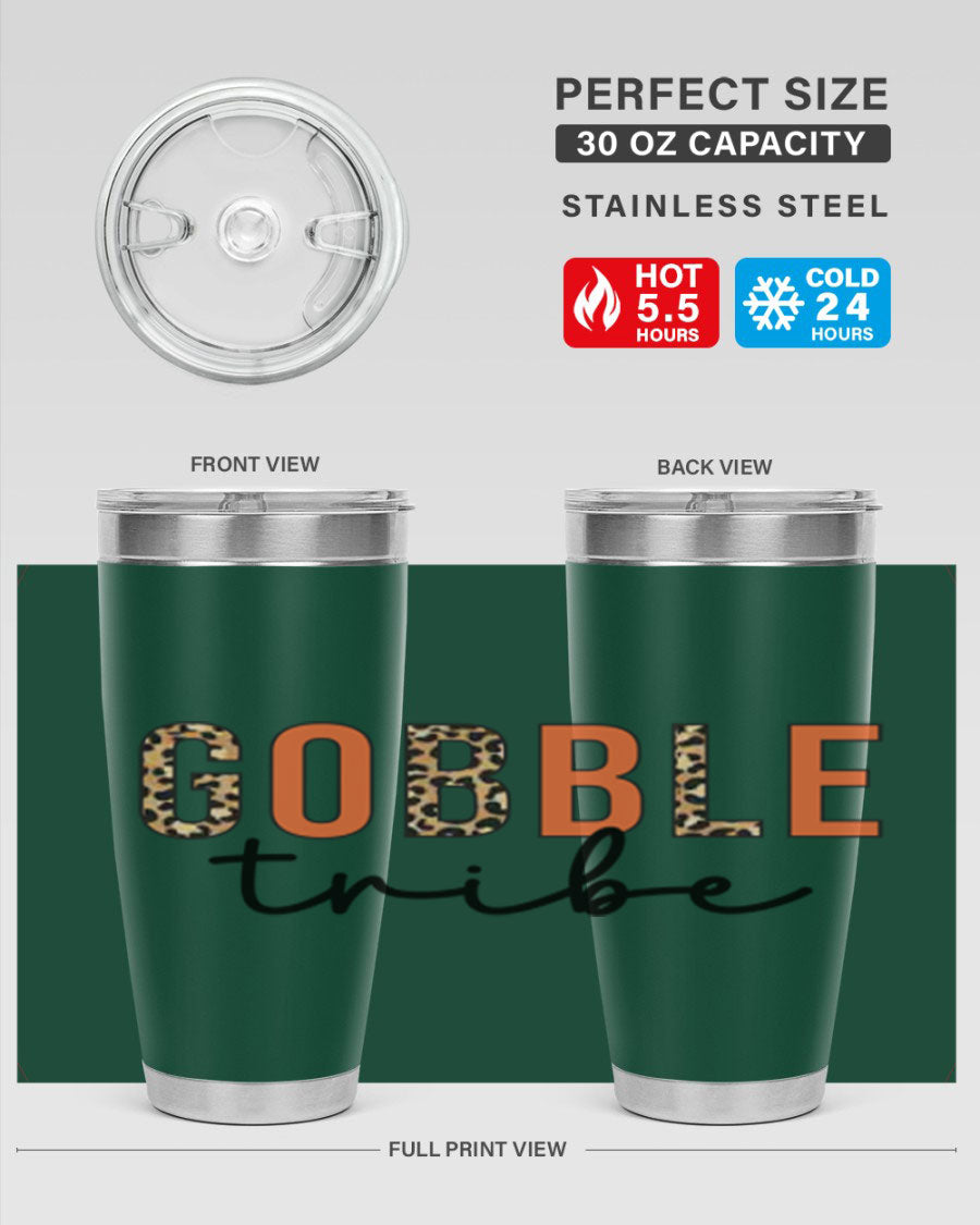 Gobble Tribe 205# Fall Tumbler, 20oz stainless steel with copper lining, featuring a drink-thru lid and vibrant fall design.