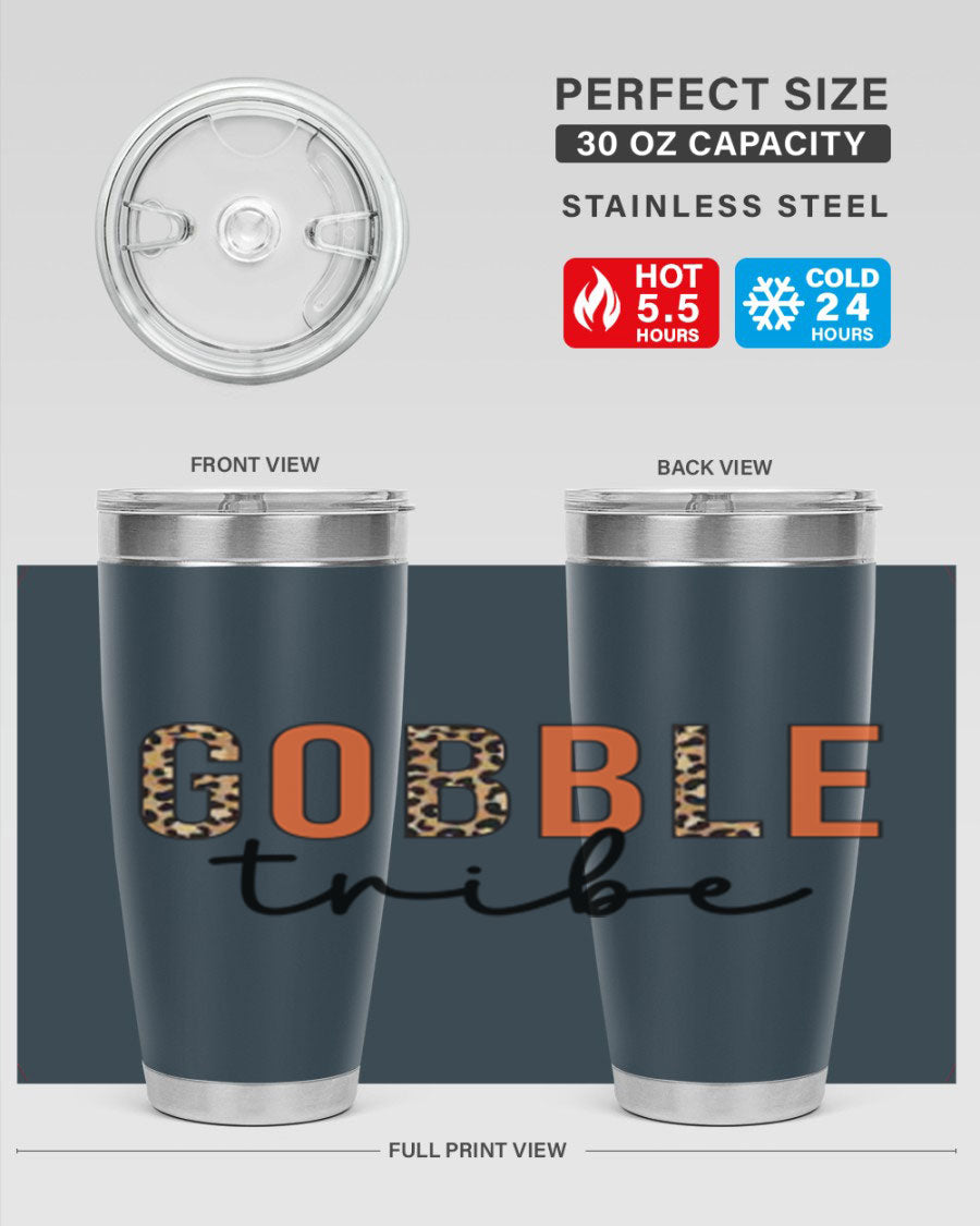 Gobble Tribe 205# Fall Tumbler, 20oz stainless steel with copper lining, featuring a drink-thru lid and vibrant fall design.