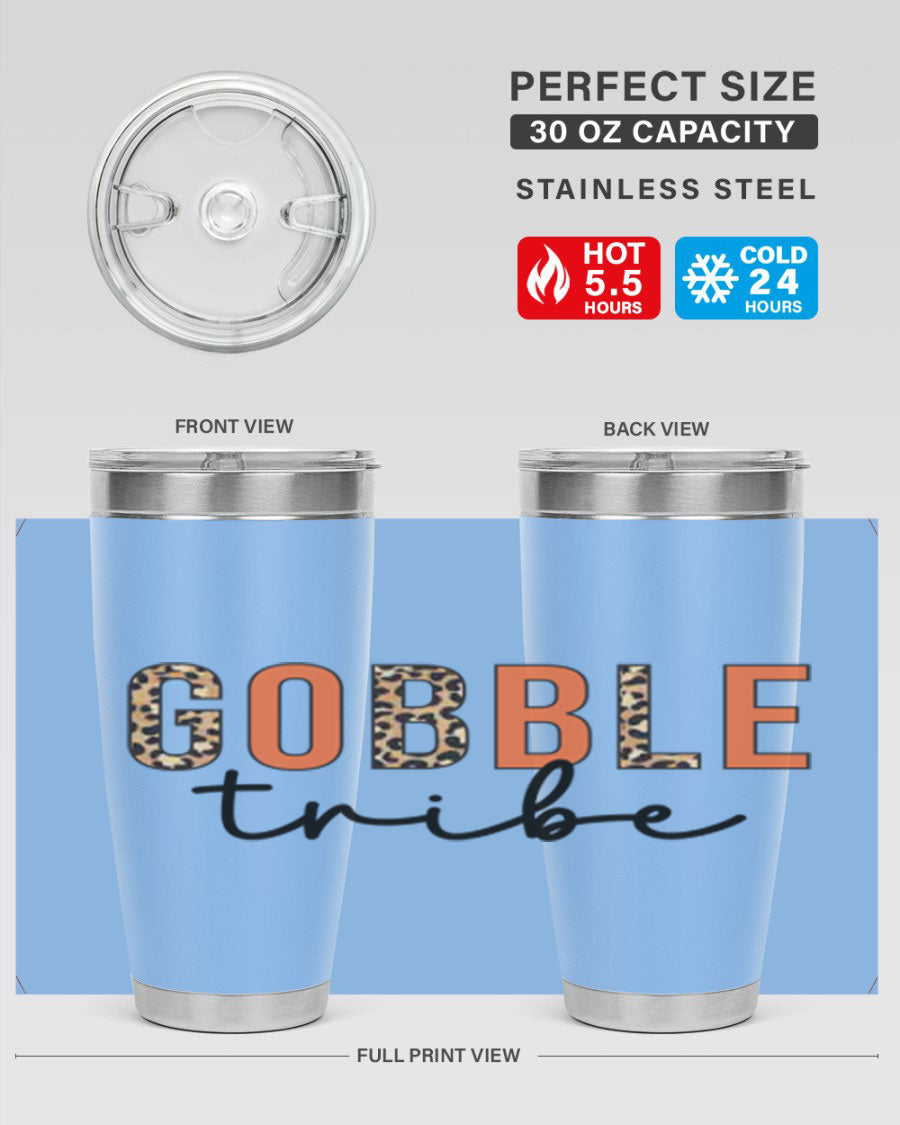 Gobble Tribe 205# Fall Tumbler, 20oz stainless steel with copper lining, featuring a drink-thru lid and vibrant fall design.