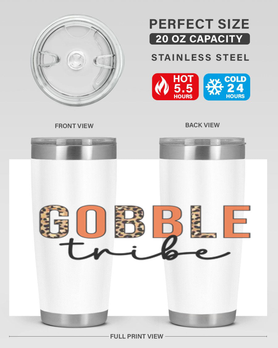 Gobble Tribe 205# Fall Tumbler, 20oz stainless steel with copper lining, featuring a drink-thru lid and vibrant fall design.