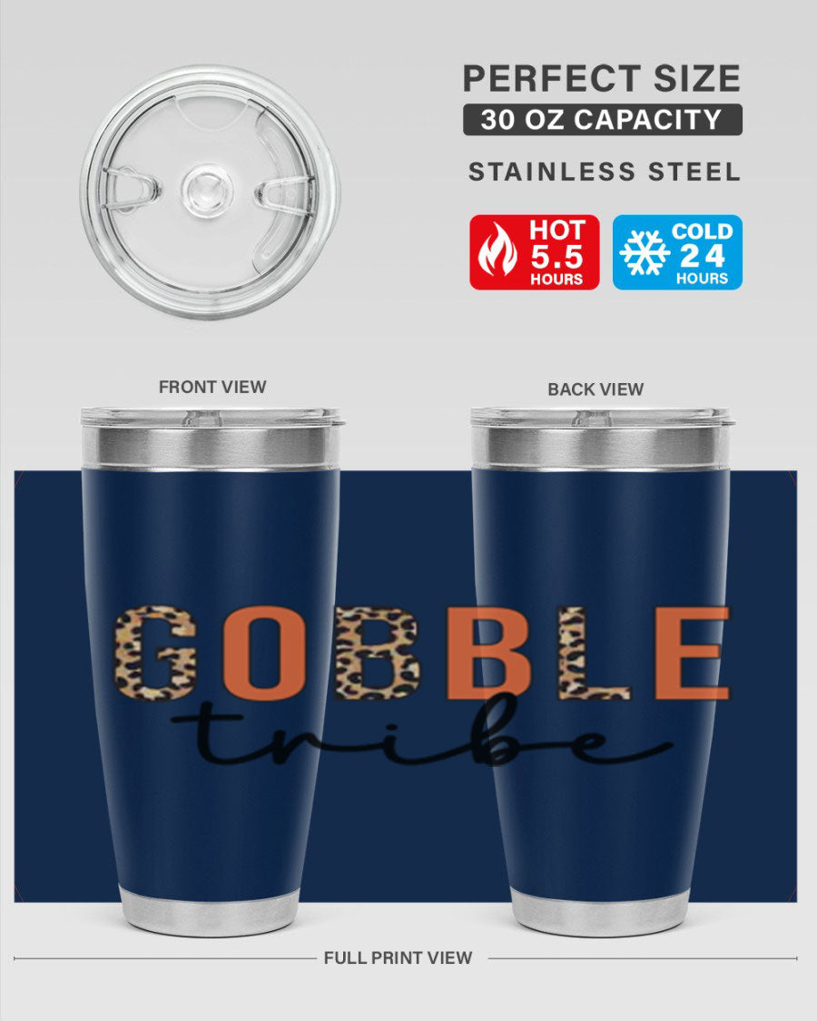 Gobble Tribe 205# Fall Tumbler, 20oz stainless steel with copper lining, featuring a drink-thru lid and vibrant fall design.