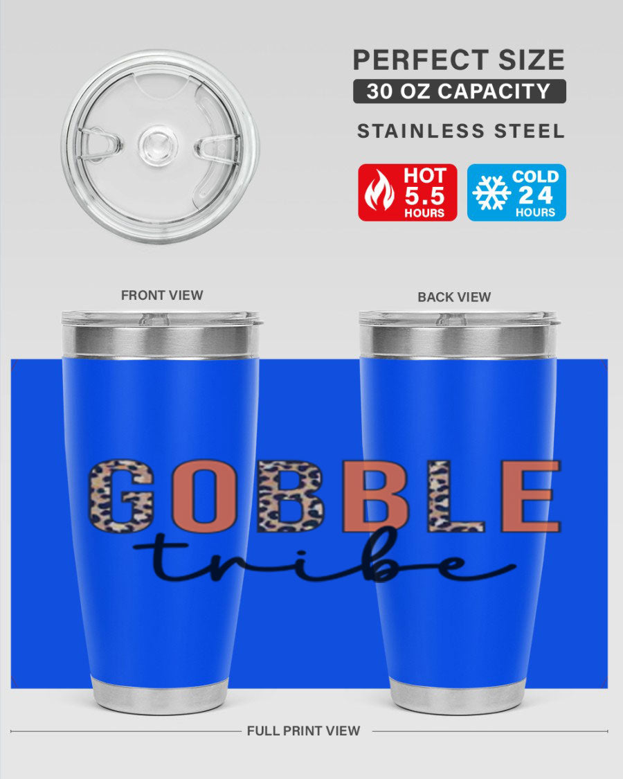 Gobble Tribe 205# Fall Tumbler, 20oz stainless steel with copper lining, featuring a drink-thru lid and vibrant fall design.