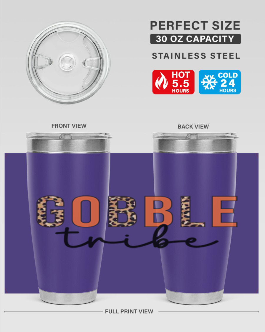 Gobble Tribe 205# Fall Tumbler, 20oz stainless steel with copper lining, featuring a drink-thru lid and vibrant fall design.