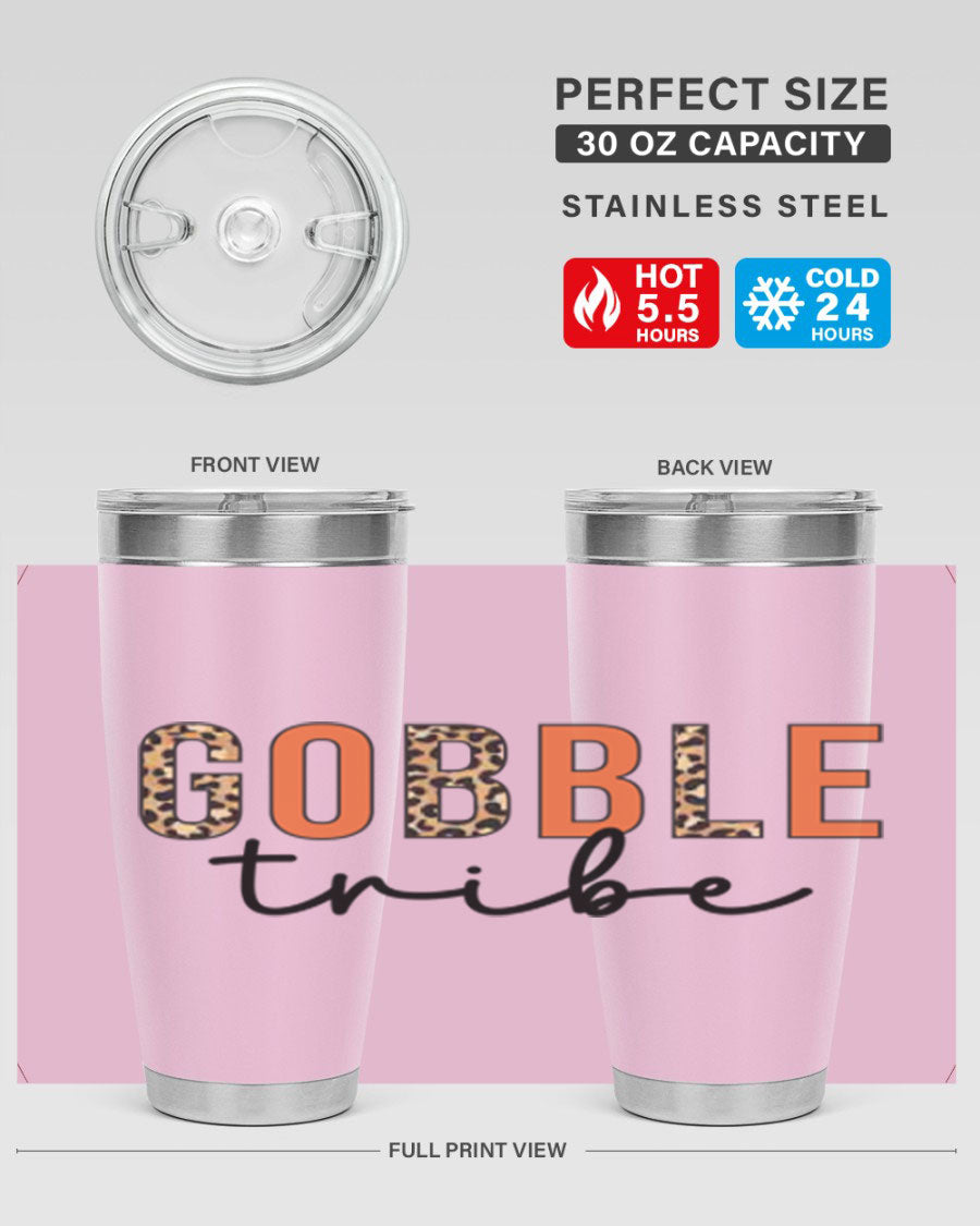 Gobble Tribe 205# Fall Tumbler, 20oz stainless steel with copper lining, featuring a drink-thru lid and vibrant fall design.