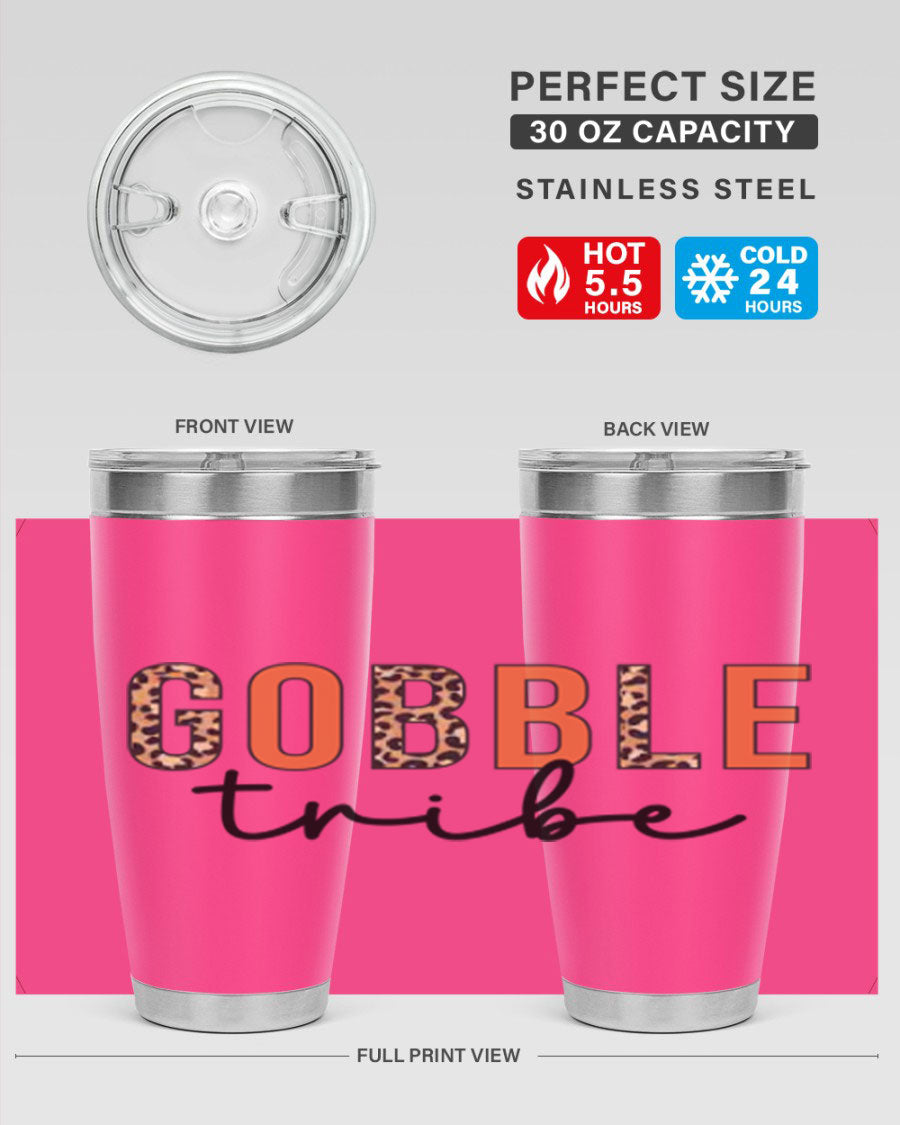 Gobble Tribe 205# Fall Tumbler, 20oz stainless steel with copper lining, featuring a drink-thru lid and vibrant fall design.