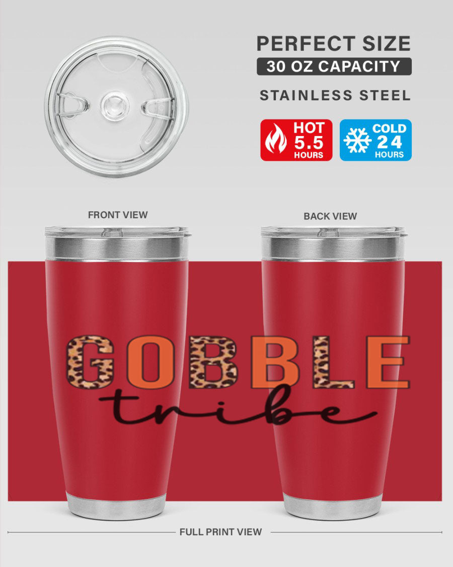 Gobble Tribe 205# Fall Tumbler, 20oz stainless steel with copper lining, featuring a drink-thru lid and vibrant fall design.