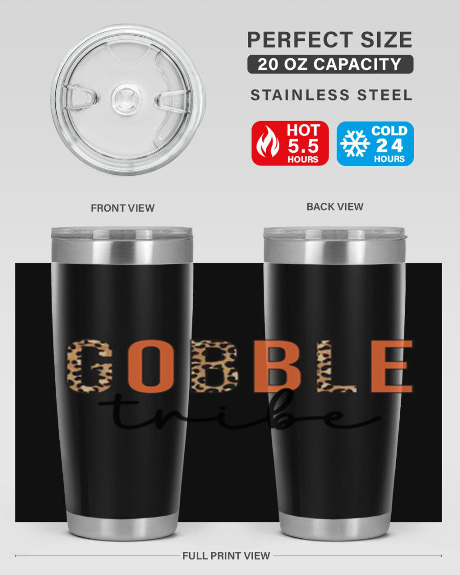 Gobble Tribe 205# Fall Tumbler, 20oz stainless steel with copper lining, featuring a drink-thru lid and vibrant fall design.