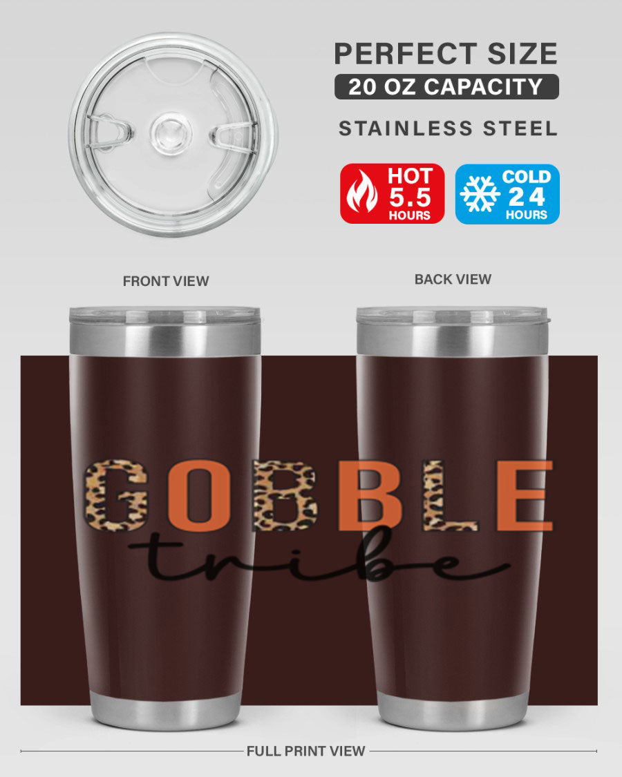 Gobble Tribe 205# Fall Tumbler, 20oz stainless steel with copper lining, featuring a drink-thru lid and vibrant fall design.