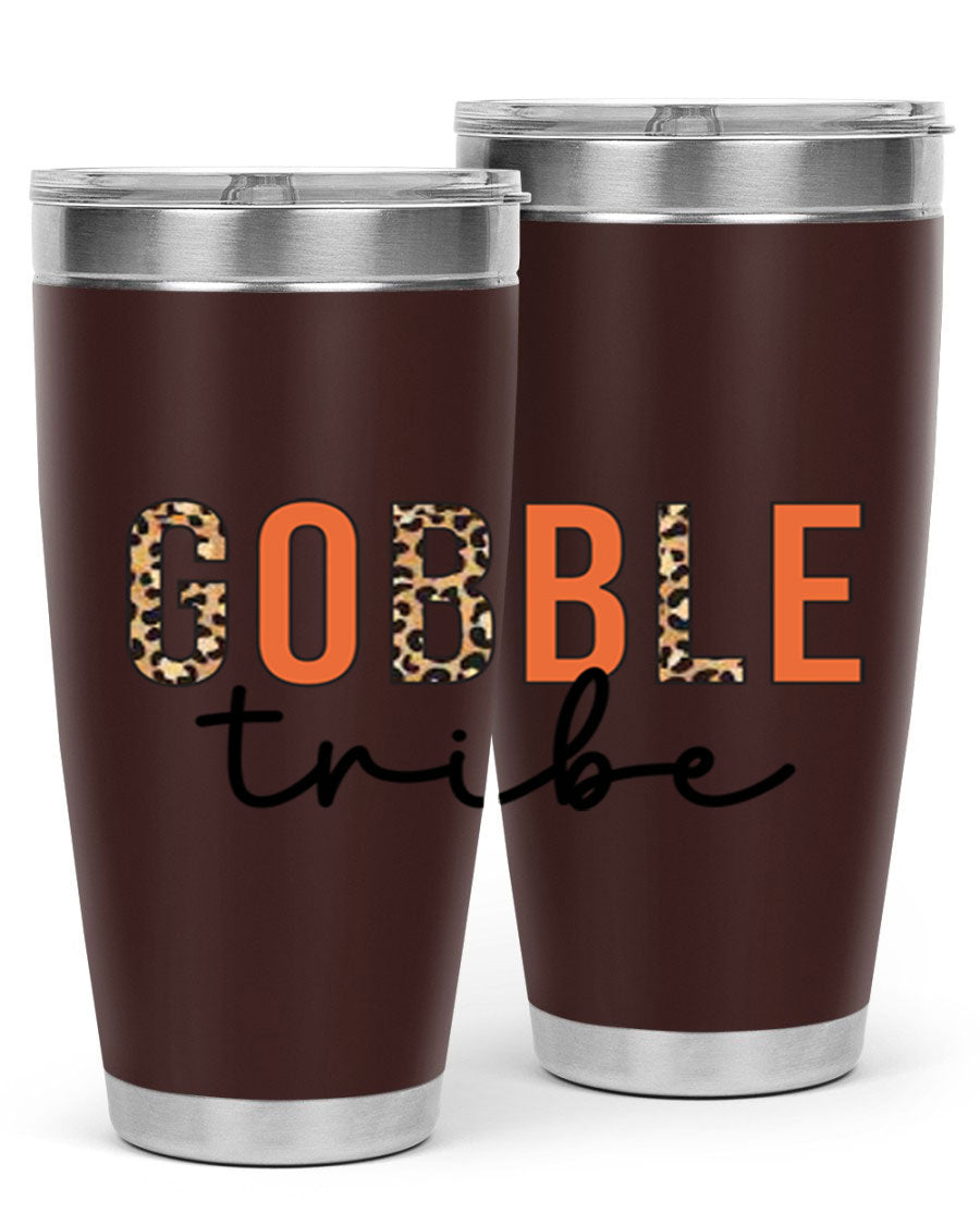 Gobble Tribe 205# Fall Tumbler, 20oz stainless steel with copper lining, featuring a drink-thru lid and vibrant fall design.