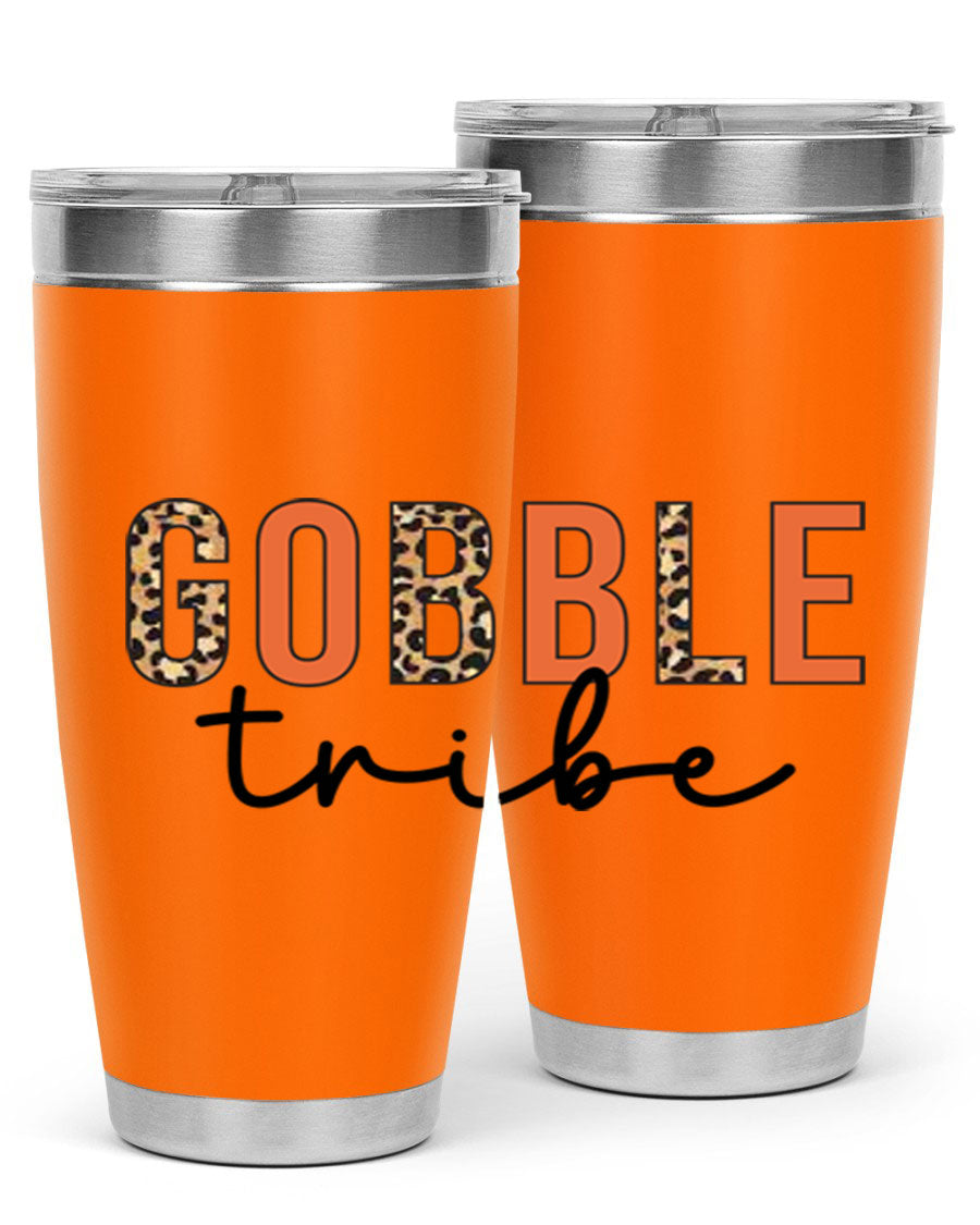 Gobble Tribe 205# Fall Tumbler, 20oz stainless steel with copper lining, featuring a drink-thru lid and vibrant fall design.