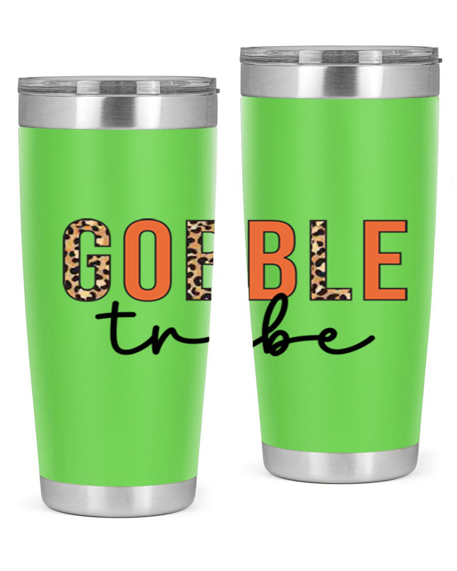 Gobble Tribe 205# Fall Tumbler, 20oz stainless steel with copper lining, featuring a drink-thru lid and vibrant fall design.