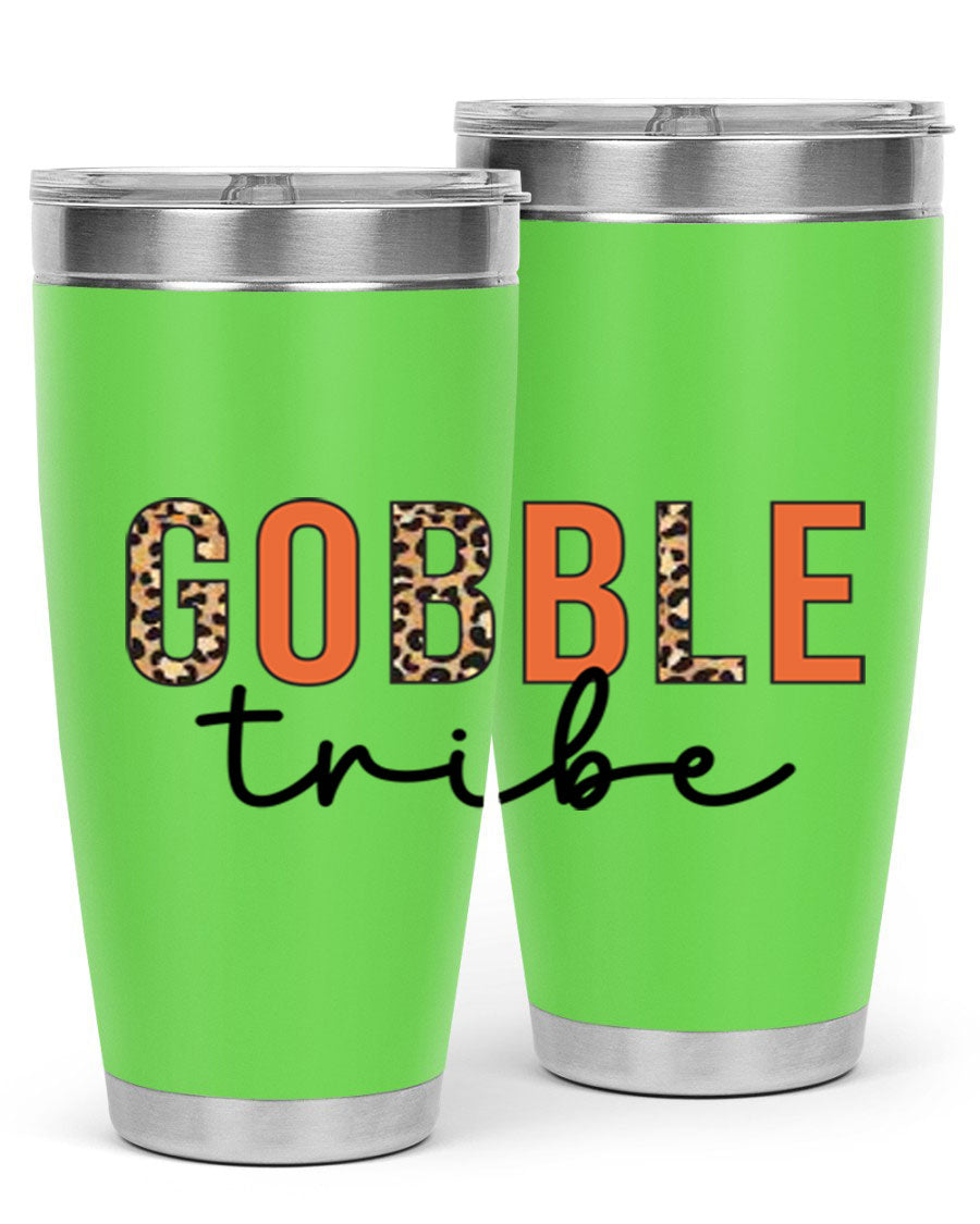 Gobble Tribe 205# Fall Tumbler, 20oz stainless steel with copper lining, featuring a drink-thru lid and vibrant fall design.