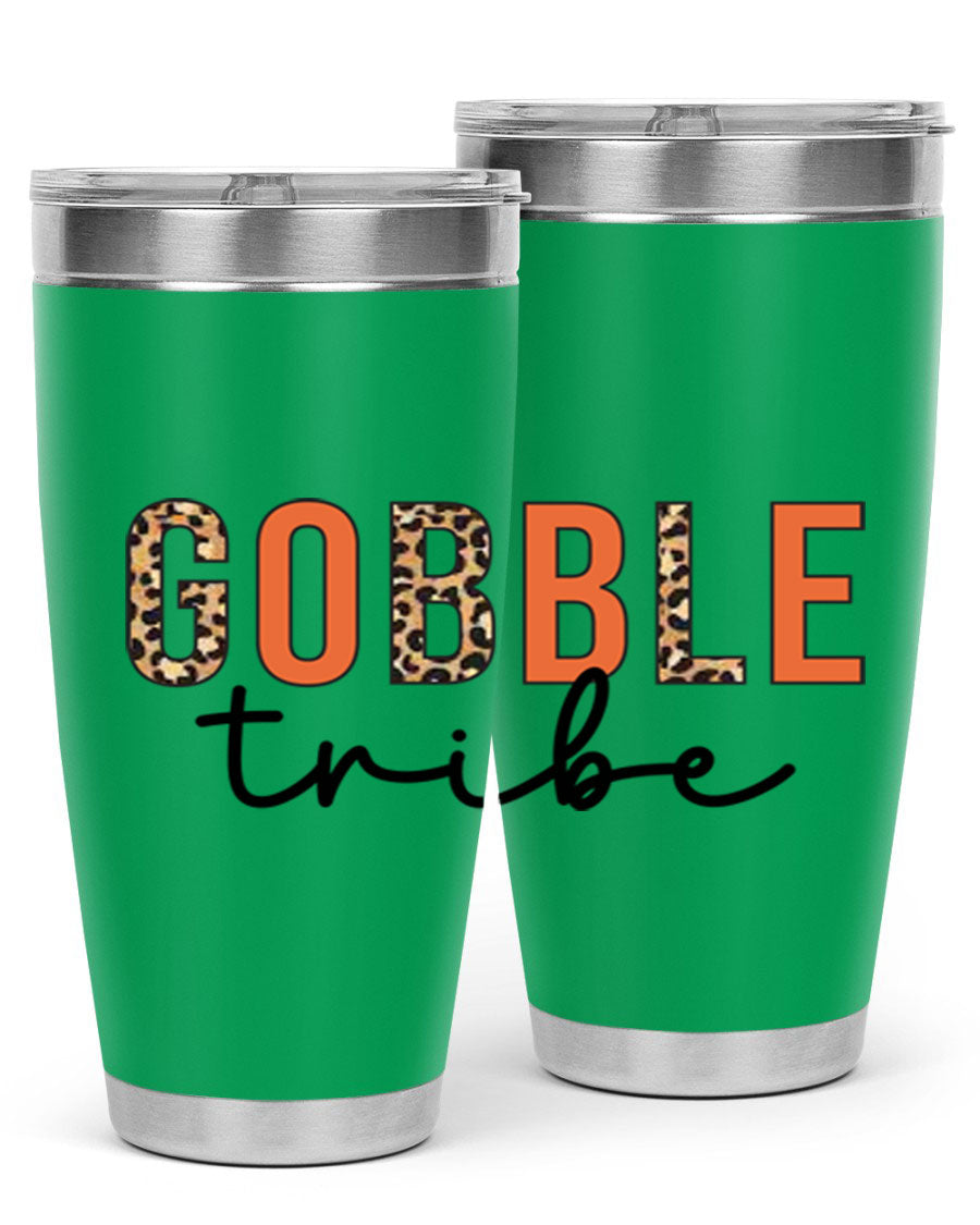 Gobble Tribe 205# Fall Tumbler, 20oz stainless steel with copper lining, featuring a drink-thru lid and vibrant fall design.