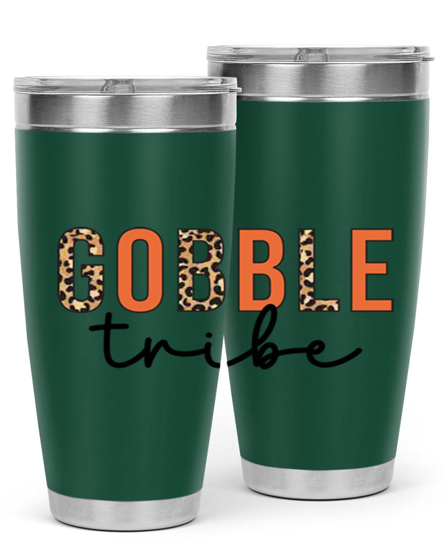 Gobble Tribe 205# Fall Tumbler, 20oz stainless steel with copper lining, featuring a drink-thru lid and vibrant fall design.