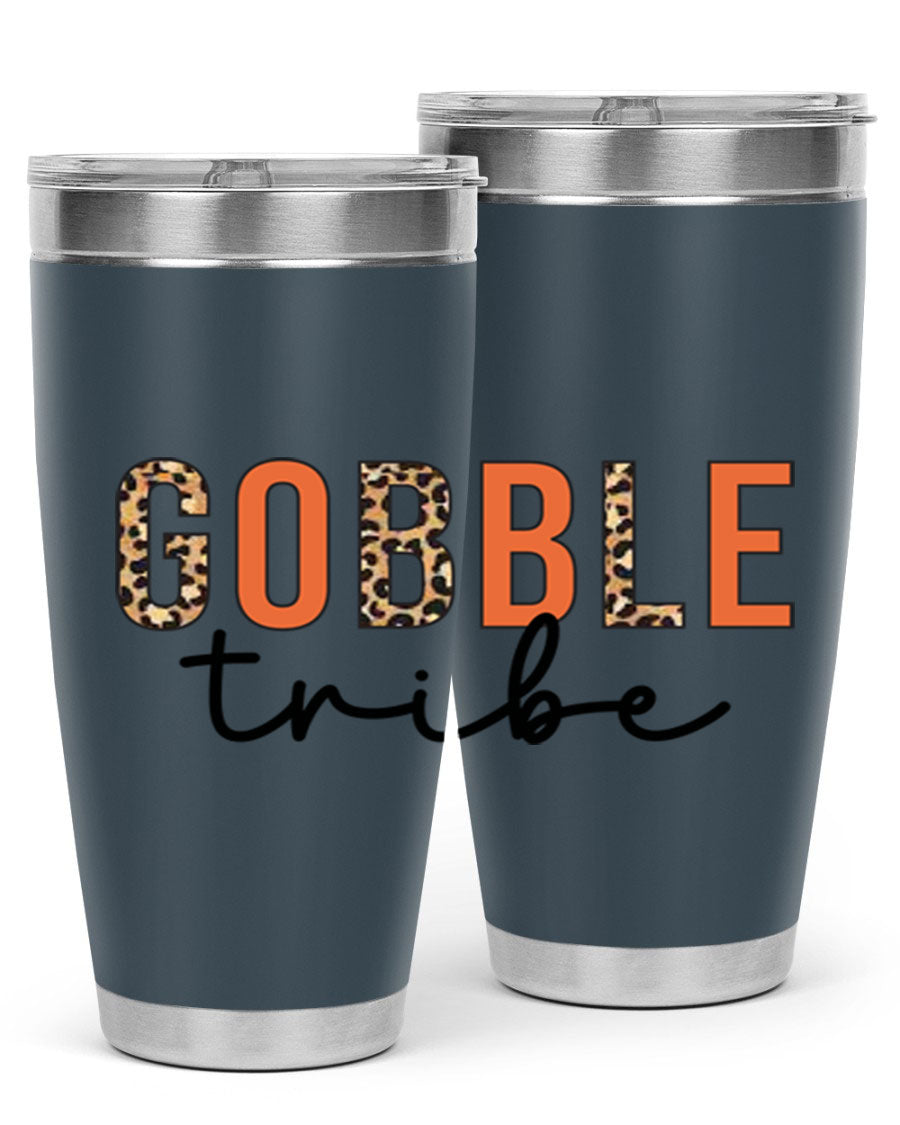 Gobble Tribe 205# Fall Tumbler, 20oz stainless steel with copper lining, featuring a drink-thru lid and vibrant fall design.