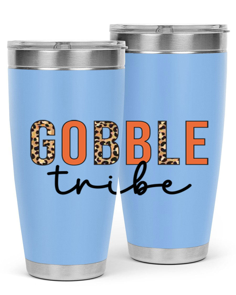 Gobble Tribe 205# Fall Tumbler, 20oz stainless steel with copper lining, featuring a drink-thru lid and vibrant fall design.