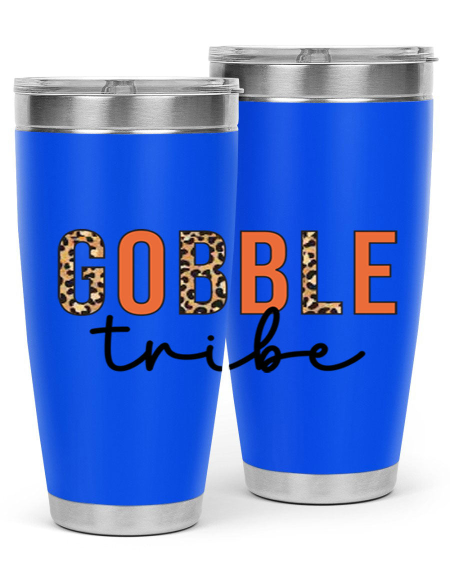 Gobble Tribe 205# Fall Tumbler, 20oz stainless steel with copper lining, featuring a drink-thru lid and vibrant fall design.