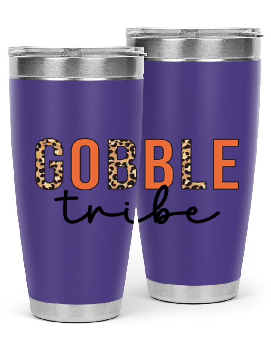 Gobble Tribe 205# Fall Tumbler, 20oz stainless steel with copper lining, featuring a drink-thru lid and vibrant fall design.