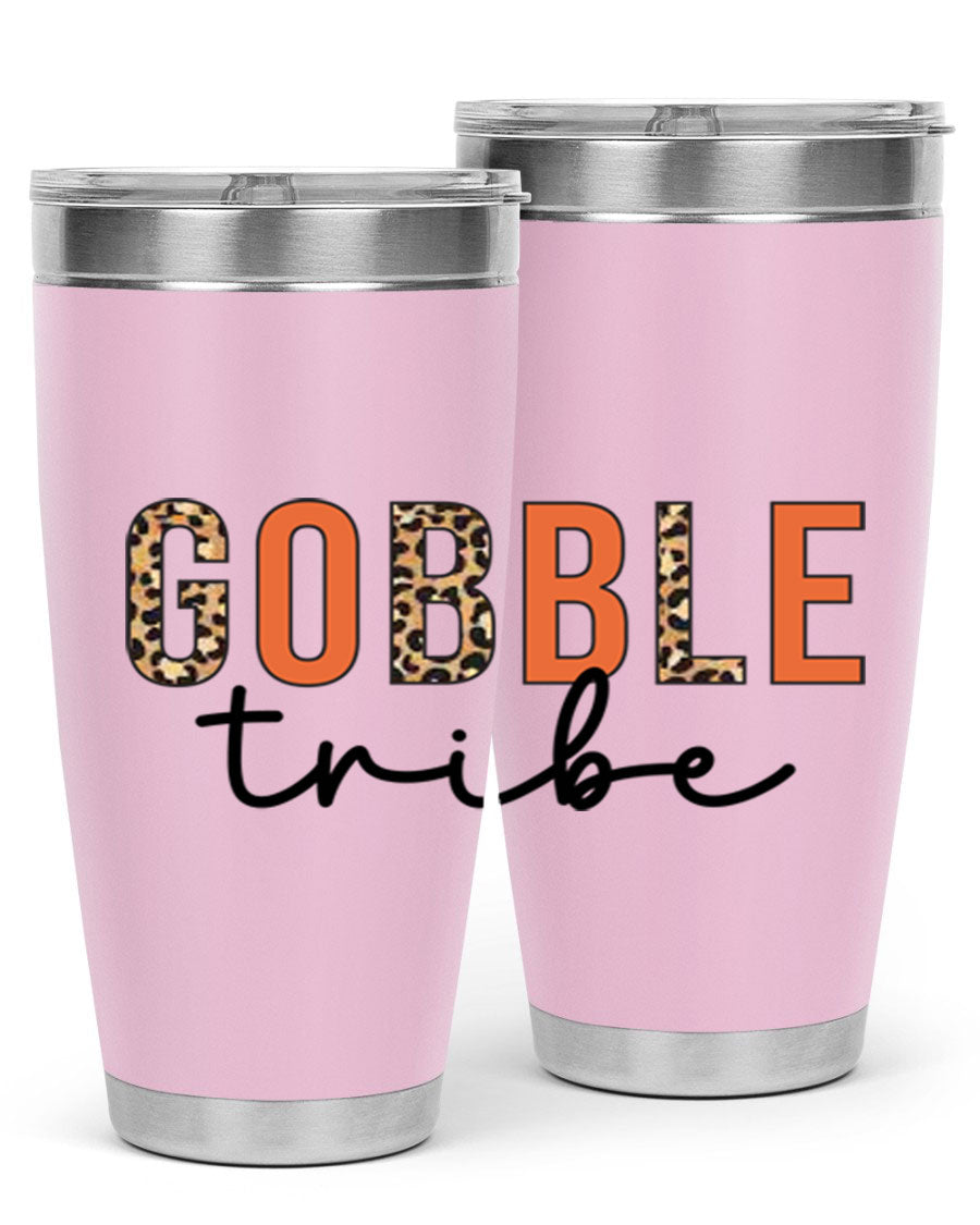 Gobble Tribe 205# Fall Tumbler, 20oz stainless steel with copper lining, featuring a drink-thru lid and vibrant fall design.