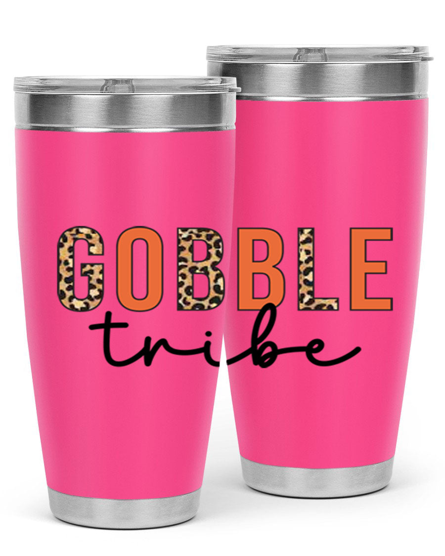 Gobble Tribe 205# Fall Tumbler, 20oz stainless steel with copper lining, featuring a drink-thru lid and vibrant fall design.