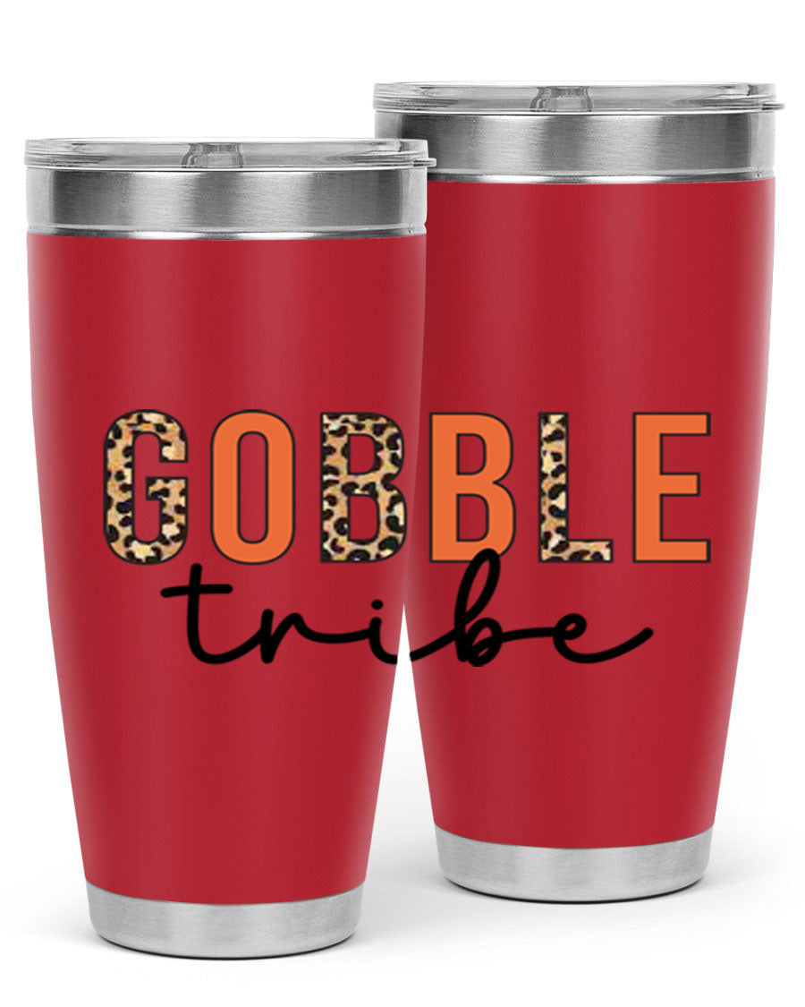 Gobble Tribe 205# Fall Tumbler, 20oz stainless steel with copper lining, featuring a drink-thru lid and vibrant fall design.