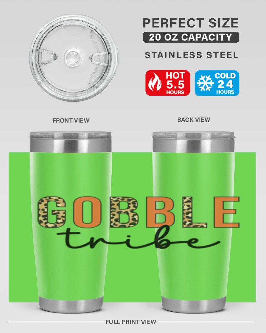 Gobble Tribe 205# Fall Tumbler, 20oz stainless steel with copper lining, featuring a drink-thru lid and vibrant fall design.