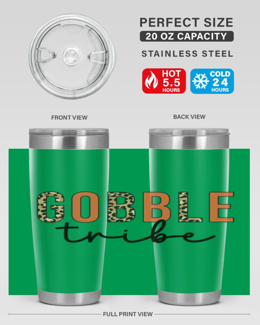Gobble Tribe 205# Fall Tumbler, 20oz stainless steel with copper lining, featuring a drink-thru lid and vibrant fall design.