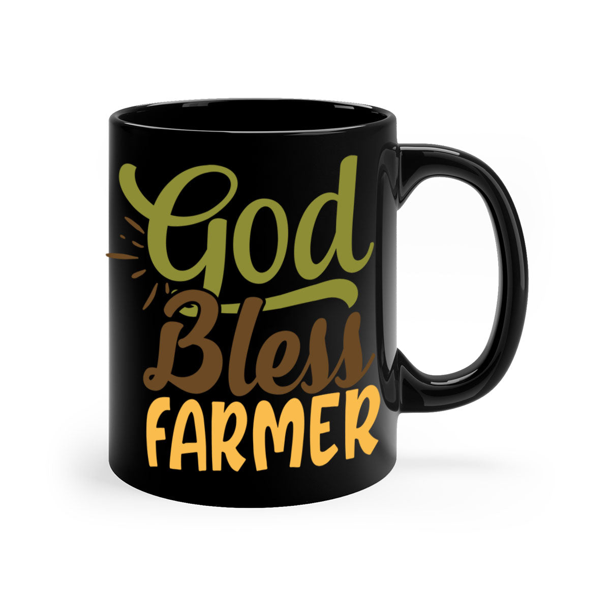 God Bless Farmer Mug featuring a glossy finish, colored handle, and interior, available in multiple colors and sizes.