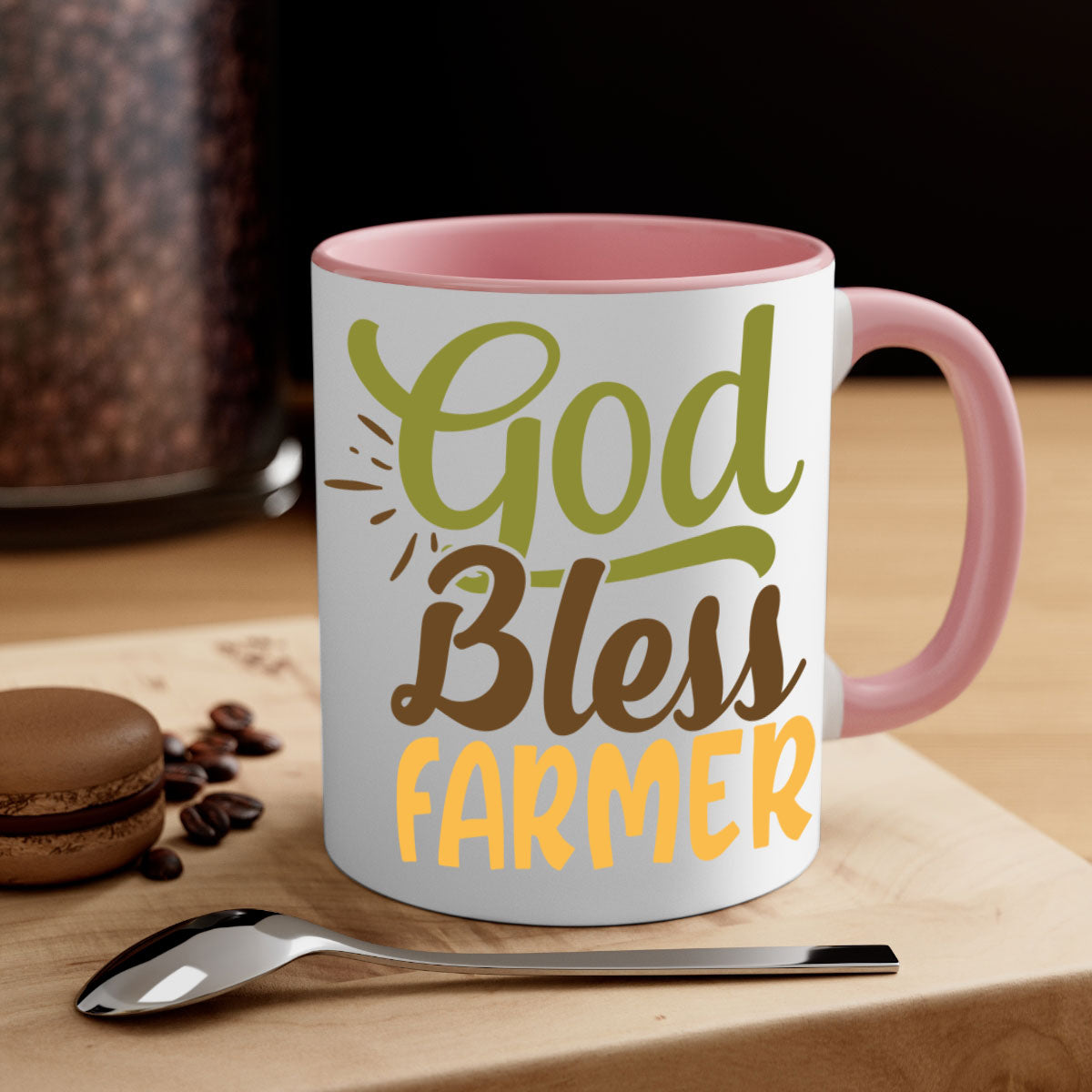 God Bless Farmer Mug featuring a glossy finish, colored handle, and interior, available in multiple colors and sizes.