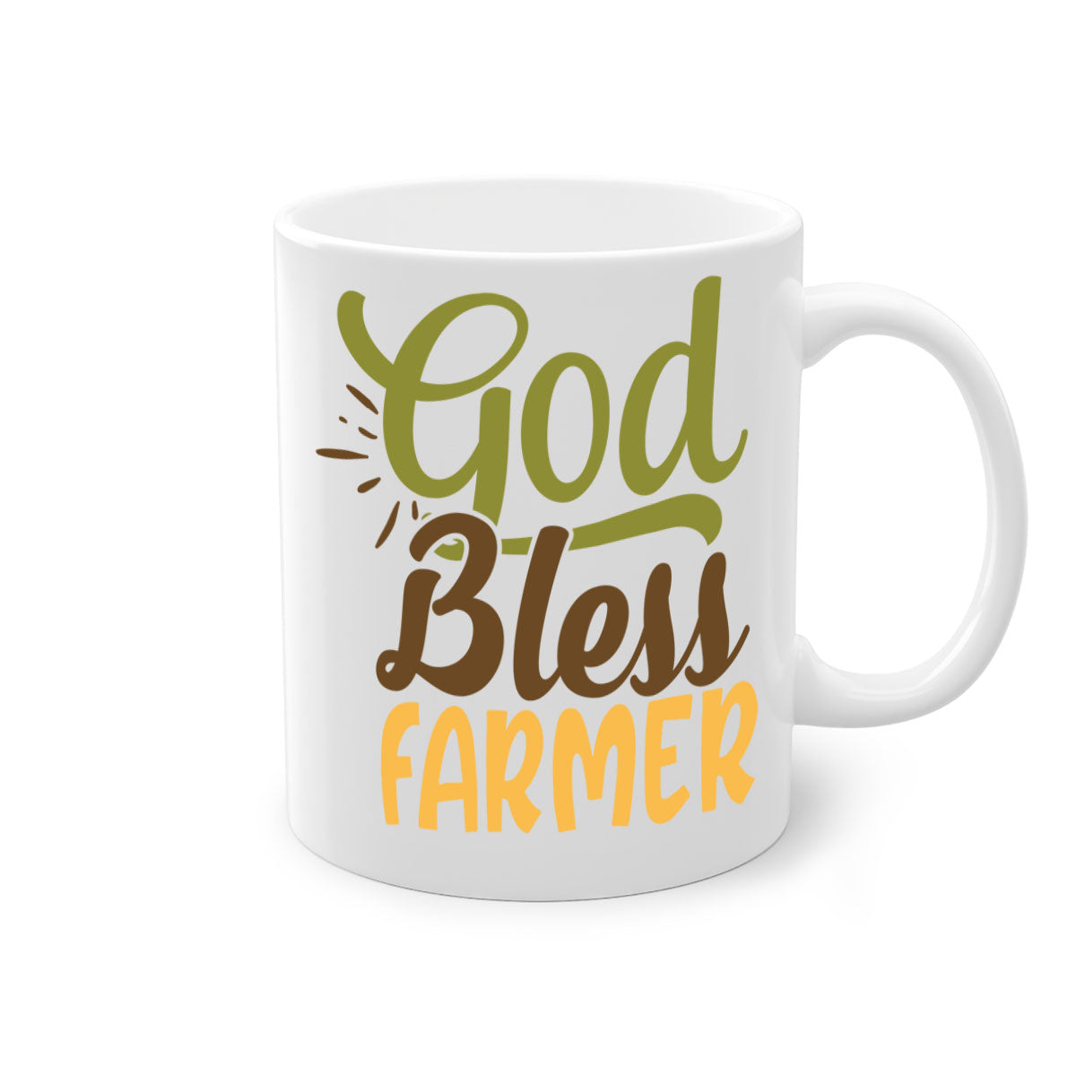 God Bless Farmer Mug featuring a glossy finish, colored handle, and interior, available in multiple colors and sizes.