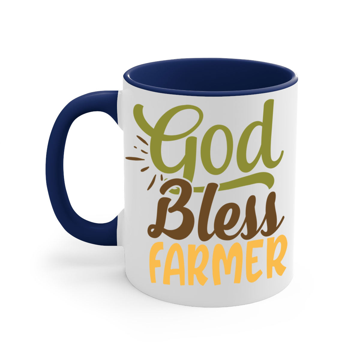 God Bless Farmer Mug featuring a glossy finish, colored handle, and interior, available in multiple colors and sizes.